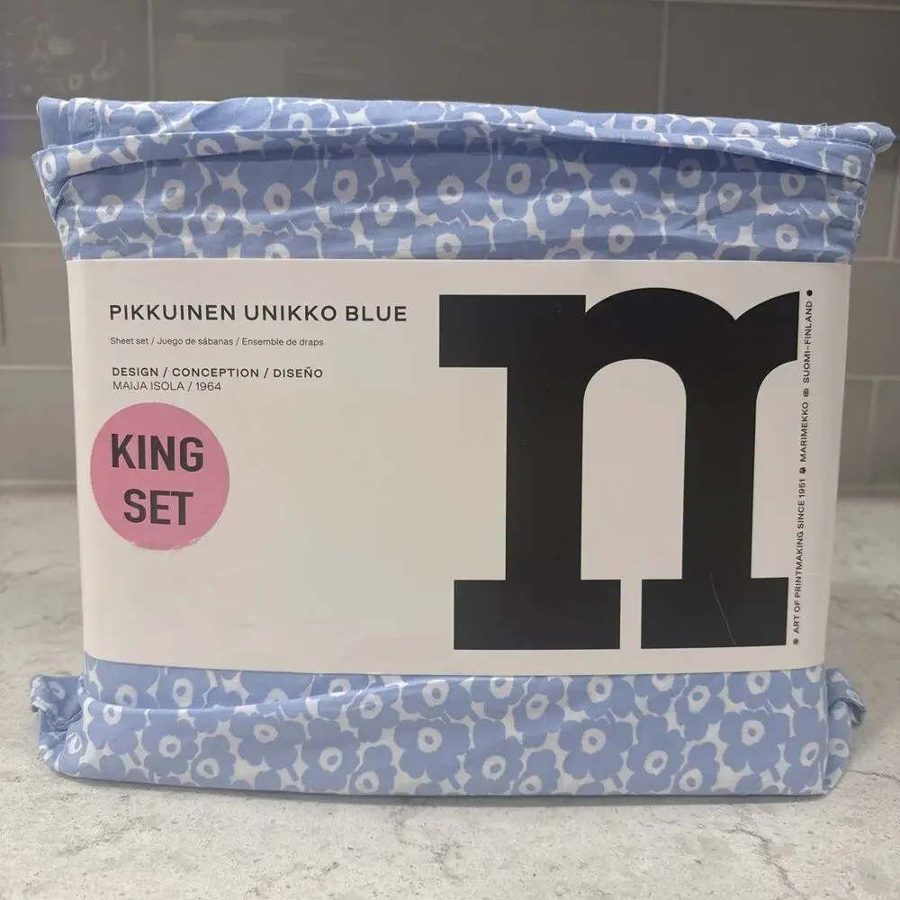 Marimekko King Sheet Set Pikkuinen Unikko Blue Floral Cotton New